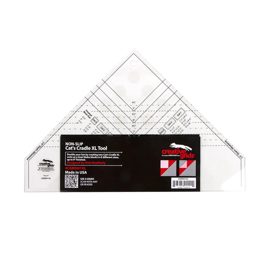 Clear, triangular acrylic quilting tool labeled Creative Grids Quilt Ruler Cat's Cradle Ruler XL Tool by Checker Distributor, featuring measurement lines and a black label with product info, barcode, and brand logo.