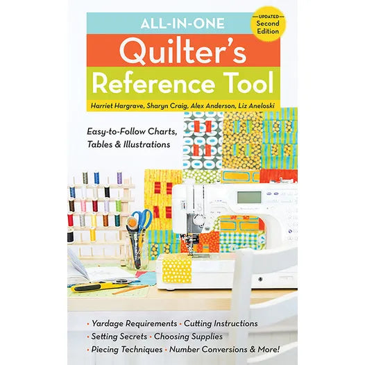Book cover for "All-in-One Quilters Reference Tool Updated" by Checker Distributor features sewing supplies, quilted fabric, and a sewing machine. The subtitle spotlights quilting techniques, user-friendly charts, tables, illustrations, and tips.