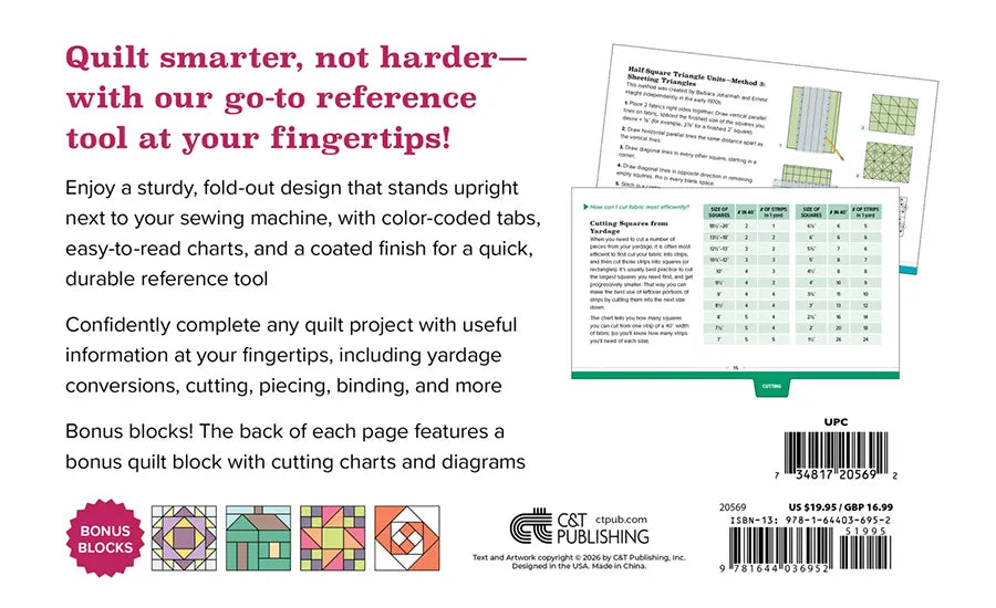 Back cover of Quilter’s Quick-Reference Guide by Checker Distributor, showing a fold-out tool with color-coded tabs, cutting chart images, bonus block diagrams, plus publisher info and barcode at the bottom.