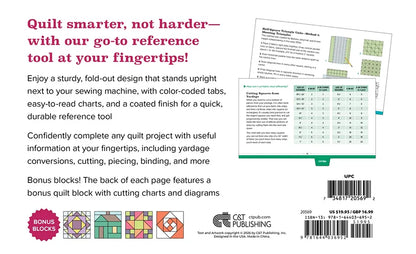 Back cover of Quilter’s Quick-Reference Guide by Checker Distributor, showing a fold-out tool with color-coded tabs, cutting chart images, bonus block diagrams, plus publisher info and barcode at the bottom.