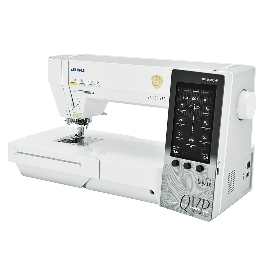 The JUKI Hayate DX-4500QVP without its extension table, showing the free arm and the Hayate QVP badge below the touchscreen.
