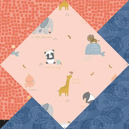 The Little Things 3 Yard Quilt Top Bundle by Quilted Joy features 100% cotton squares with cute animals and friendly phrases on a peach background, framed by red and blue geometric triangles.