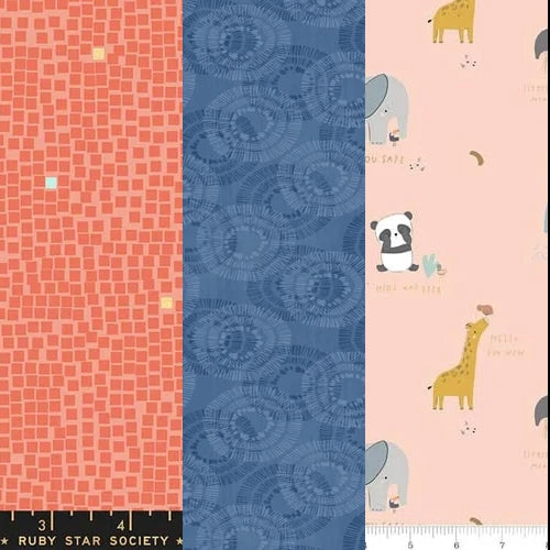 The Quilted Joy Little Things 3 Yard Quilt Top Bundle features 100% cotton: coral with small squares, blue with abstract circles, and pale pink with animals and text—ideal for Fabric Cafe quilt patterns. Inches are marked by black-and-white rulers below.