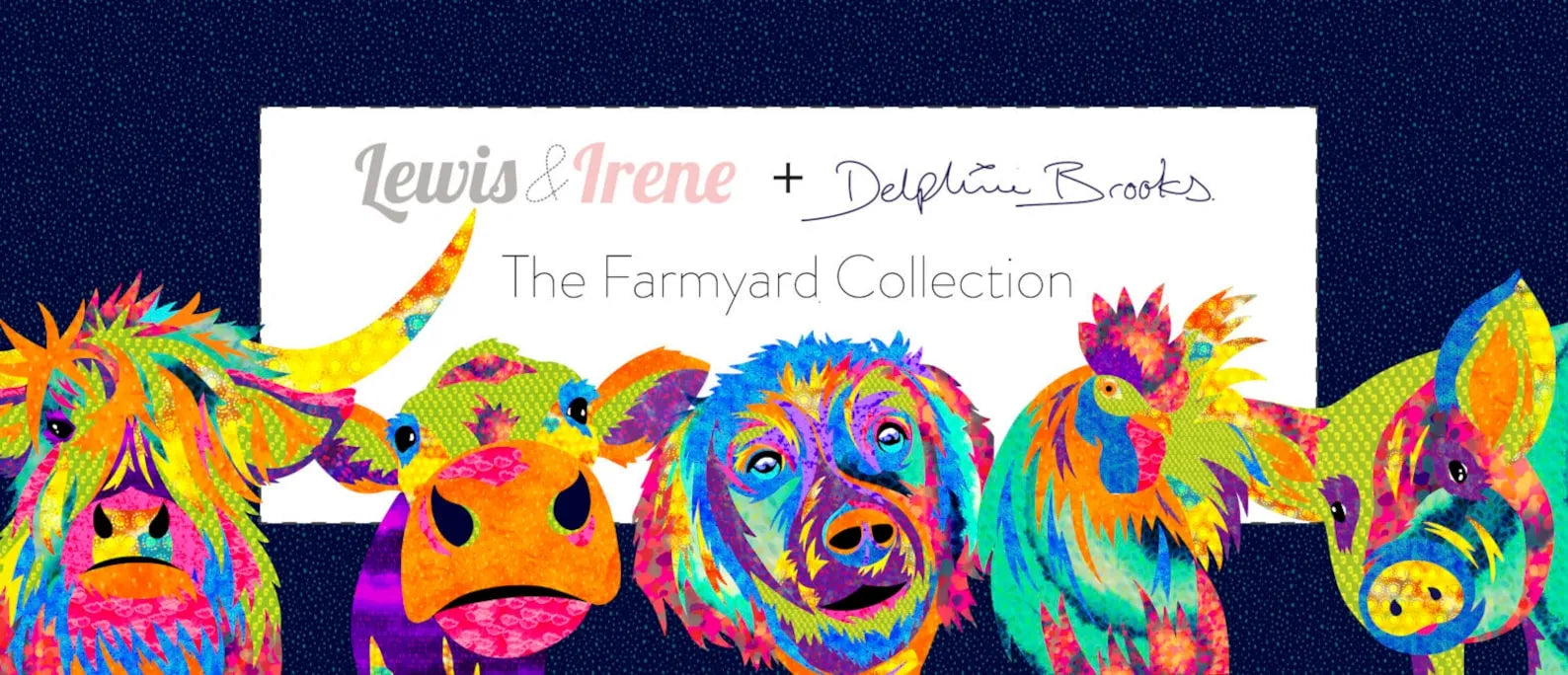 A vibrant collage panel featuring a daisy cow in a stylized farmyard scene, ideal for wall art or textiles. Includes text: Lewis & Irene + Delphine Brooks The Farmyard Collection. Product: Farmyard Daisy Cow Collage Panel.