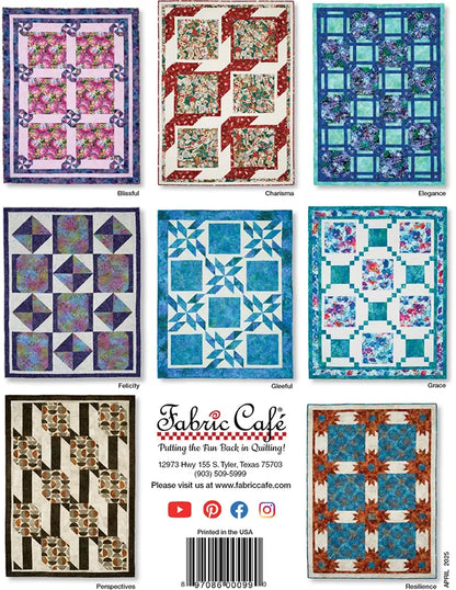 Seven vibrant quilts with unique geometric designs from "Big Block 3-Yard Quilts" by Checker Distributor are displayed. The patterns—Blissful, Charisma, Elegance, Felicity, Gleeful, Grace, and Perspectives—are shown. Fabric Café contact info is included.