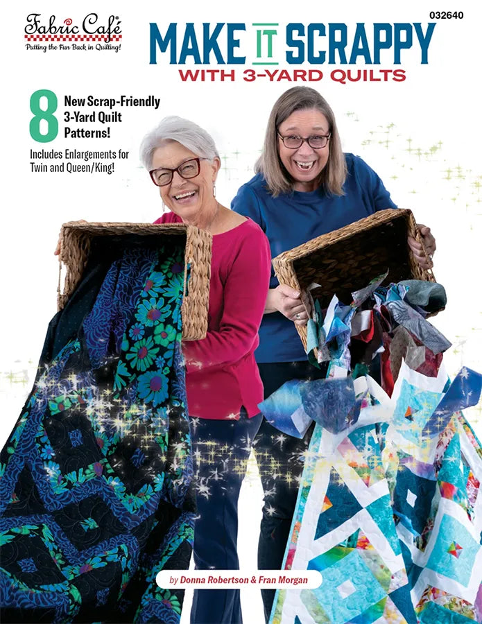Two smiling women hold baskets of vibrant quilt fabrics. Explore Make It Scrappy With 3-Yard Quilts by Checker Distributor—featuring 8 new scrap-friendly quilt patterns, plus enlargement options for larger bed sizes.
