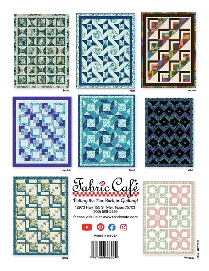 Eight vibrant 3-yard quilts from "Make It Scrappy With 3-Yard Quilts" by Checker Distributor are displayed in two rows, each with a unique geometric design and labeled: Echo, Flair, Improv, Jumble, Twirl, Vibe, Vista, and Whimsy.
