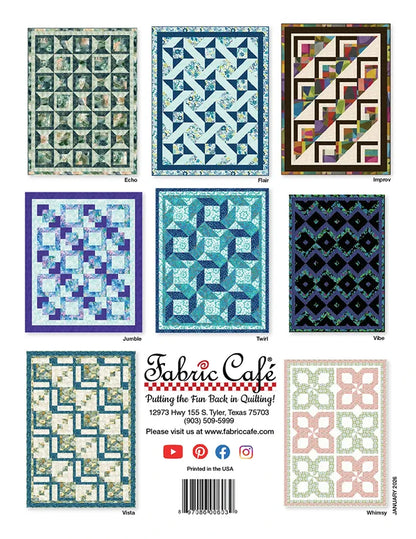 Eight vibrant 3-yard quilts from "Make It Scrappy With 3-Yard Quilts" by Checker Distributor are displayed in two rows, each with a unique geometric design and labeled: Echo, Flair, Improv, Jumble, Twirl, Vibe, Vista, and Whimsy.