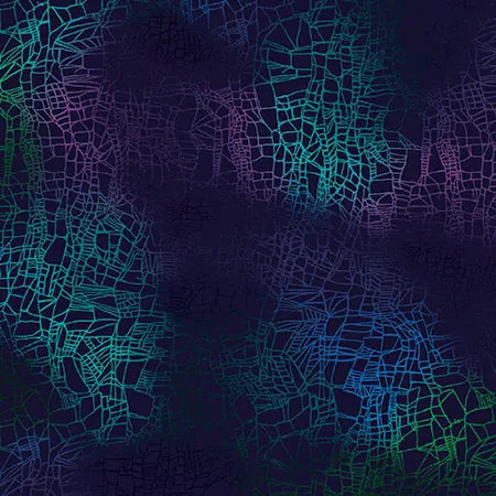 The Quilted Joy Dragonflies Take a Spin Quilt Backing Kit Cirrus Texture - PRESALE features abstract digital art with a dark background and web-like geometric patterns in blue, green, and purple—perfect for specialty quilt backing.