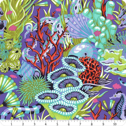 Vibrant illustration of an underwater coral reef inspired by Jaftex - FreeSpirit’s Floral Reef Marine Reef What You Sew Fabric Yardage, featuring colorful corals and marine plants. Includes ruler in inches—ideal for quilting cotton projects.