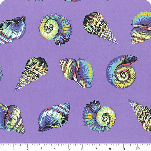 Floral Reef Marine Lil Shelly Fabric Yardage by Jaftex - FreeSpirit features colorful seashell illustrations on a purple background, ideal for quilting cotton projects. A ruler at the bottom shows the shells’ diverse sizes and shapes.