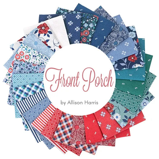 A circle of patterned quilting fabric swatches in red, blue, teal, and white highlights the Front Porch Fat Quarter Bundle by Windham Fabrics, which includes florals, checks, dots, and stripes.