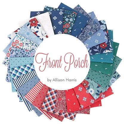 A circle of patterned quilting fabric swatches in red, blue, teal, and white highlights the Front Porch Fat Quarter Bundle by Windham Fabrics, which includes florals, checks, dots, and stripes.