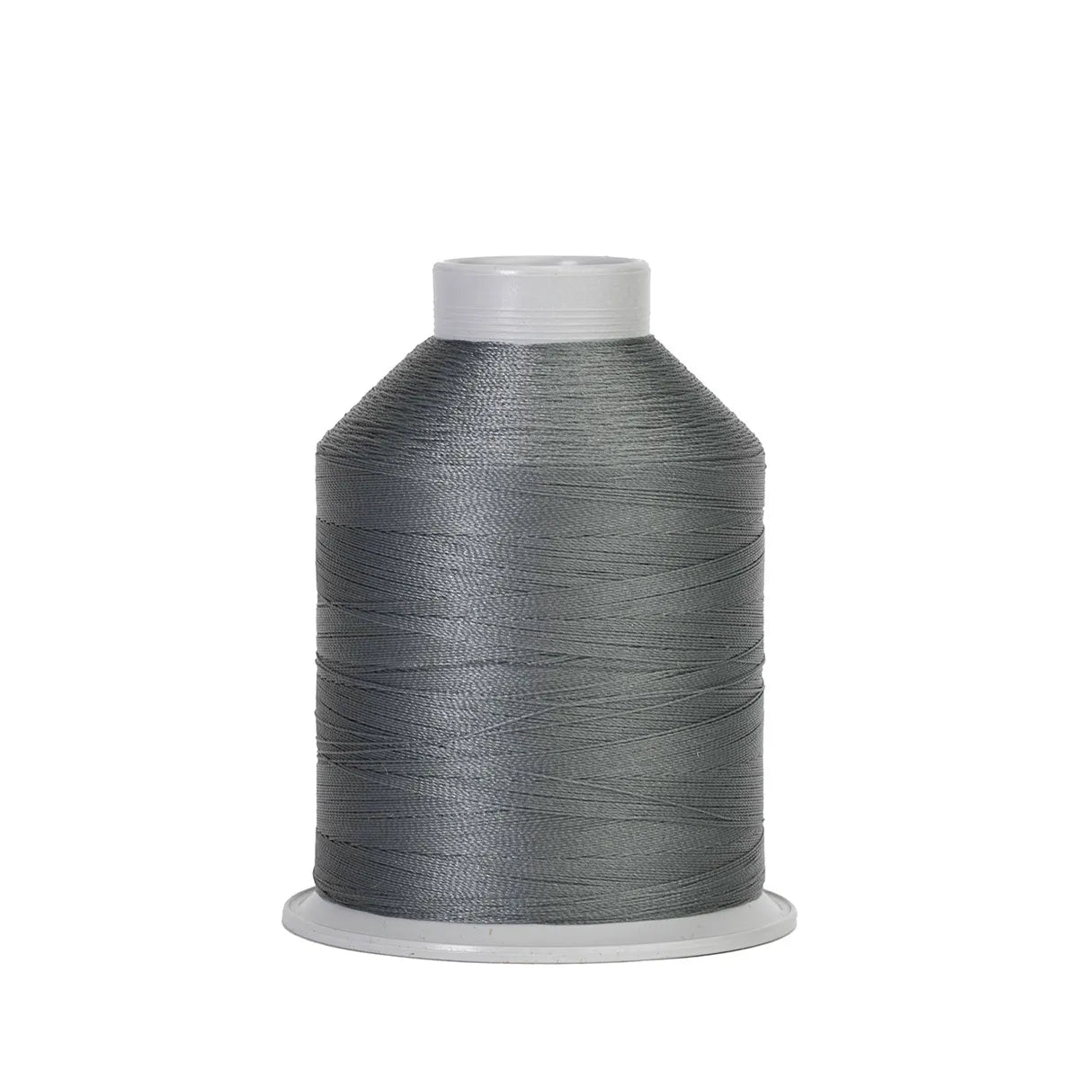 The Hab+Dash by Fil Tec Fil-Tec Fusion 45 Midnight Grey thread, featuring a white plastic base and top, stands upright against a plain white background—ideal for sewing machines or crafting sturdy leather goods.