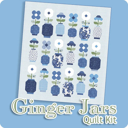 A quilt with blue patterned ginger jars and flowers is displayed on a light blue background. Text at the bottom reads: “Blueprint Quilt Kit” by United Notions, showcasing the elegant Blueprint Quilt Pattern.