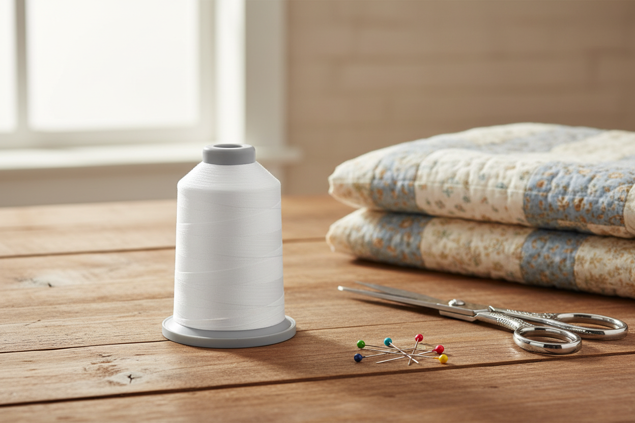 Glide Thread White 10000 on wooden table with quilt