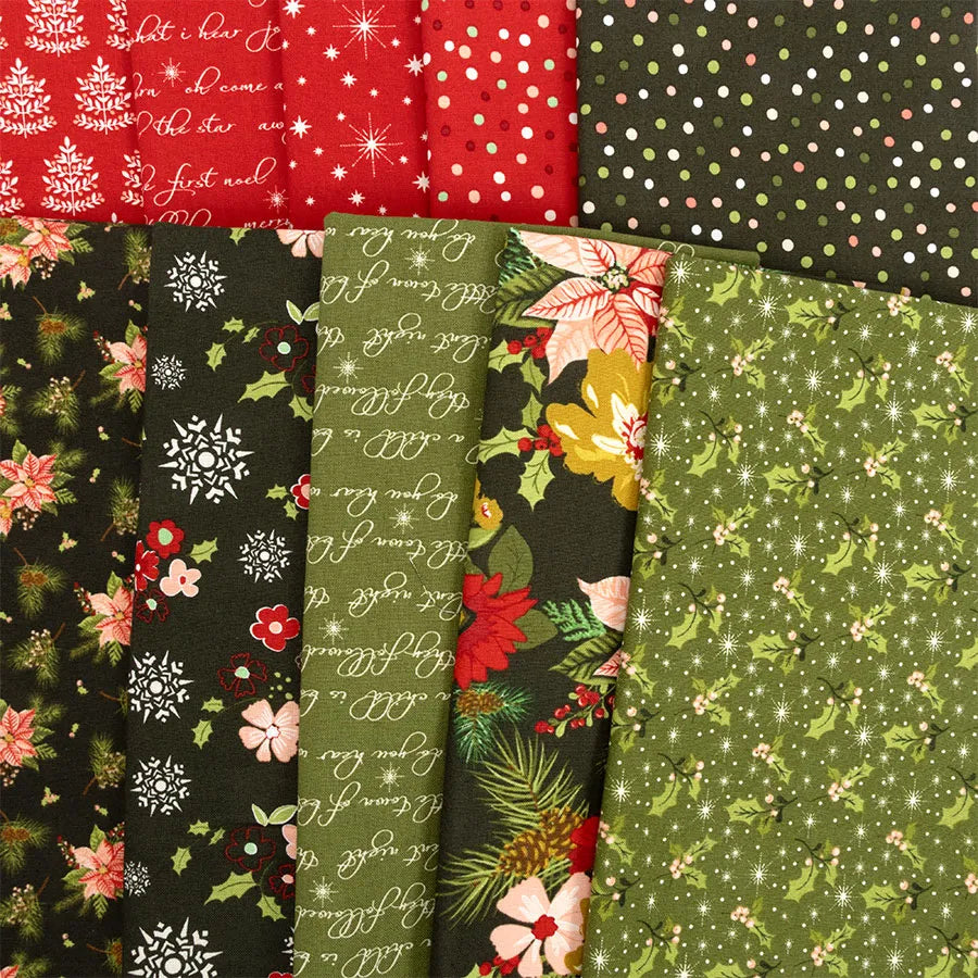 The Glisten 10 Inch Stacker features assorted Christmas quilt precuts in red and green with stars, holly, poinsettias, snowflakes, dots, script, and festive greenery—ideal for holiday projects.