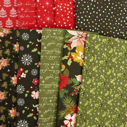 The Glisten 10 Inch Stacker features assorted Christmas quilt precuts in red and green with stars, holly, poinsettias, snowflakes, dots, script, and festive greenery—ideal for holiday projects.