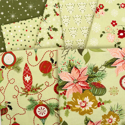 Six pieces from the Glisten 10 Inch Stacker include Christmas patterns—ornaments, poinsettias, trees, snowflakes, and polka dots—in green, red, and cream quilt precuts for a festive holiday display.
