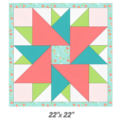 The Mystery Five-0 Happy Go Lucky Mini Mystery Quilt Pattern by quiltedjoy features a vibrant 22” x 22” table topper with bold pink, teal, green, and white pinwheel geometric shapes, a blue border, and orange accents. Digital download.