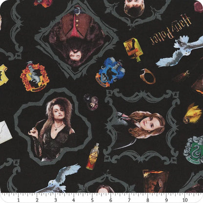 The Benartex Harry Potter Black Magic 108" Wide 3 Yard Quilt Fabric Back Pack features iconic characters, house crests, magical objects, and Hedwig on black fabric—ideal for extra-wide quilt backing projects. Includes ruler at bottom for scale.