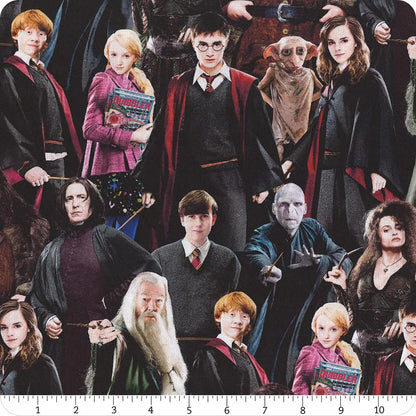 The Benartex Harry Potter Multi Characters 108" Wide 3 Yard Quilt Fabric Back Pack features iconic characters in signature outfits on a dark background with a measuring tape border, ideal for quilt fabric or wide quilt backing.