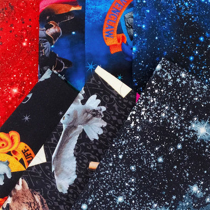A close-up of Benartex's Harry Potter Fat Quarter Bundle shows overlapping fabric pieces with vibrant patterns—starry skies, red space motifs, animals, and partial text—ideal for creative fat quarters projects.