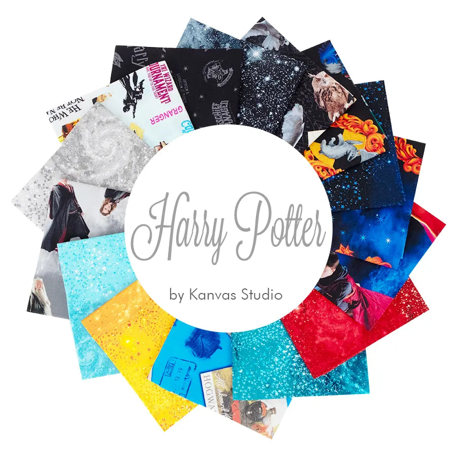 A circle of vibrant Harry Potter Fat Quarters by Benartex surrounds a white center labeled “Harry Potter.” The fabrics display book covers, characters, and magical designs in bold colors.