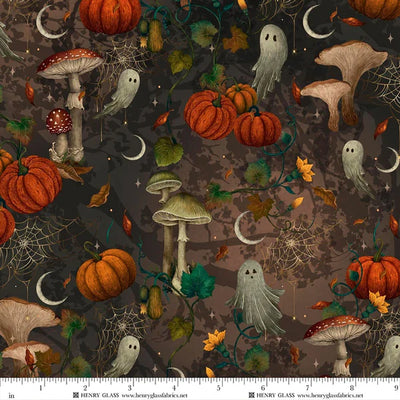 Harvest Haunt Charcoal Mushrooms and Ghosts Fabric Yardage