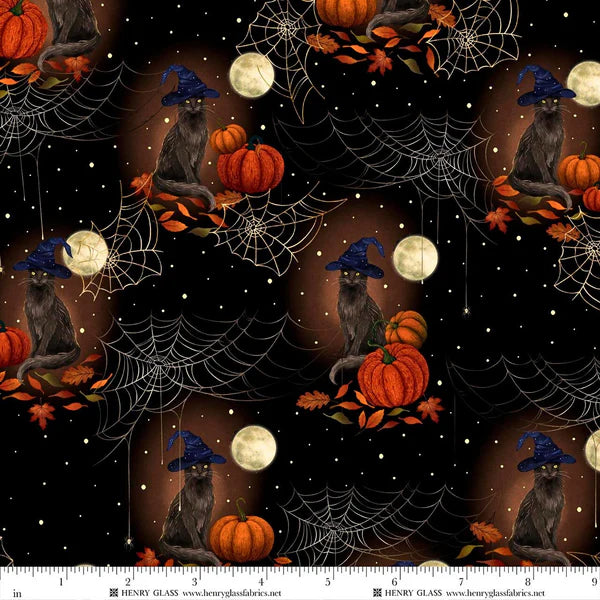 Harvest Haunt 4807-99 Black Black Cats With Witch Hats And Pumpkins_600X quilting fabric
