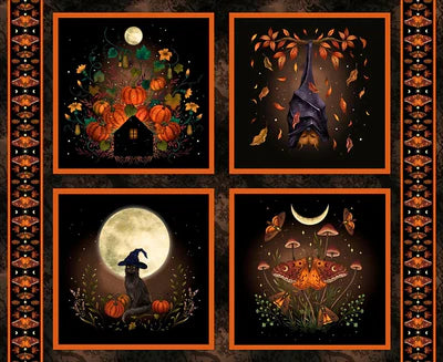 The Harvest Haunt Black Block Panel by Jaftex - Blank Quilting features four square panels with autumn and Halloween themes: pumpkin house, bat with leaves, black cat in a witch hat by a full moon, and mushrooms with butterflies.