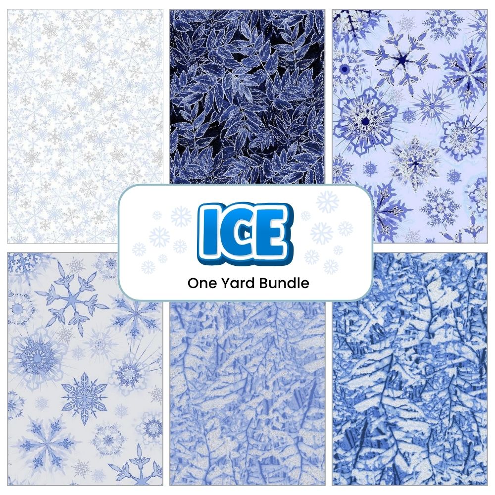 A collage of six icy blue and white fabric patterns from Quilted Joy, featuring snowflakes, ice crystals, and frosty silver accents, surrounds a box labeled Ice One Yard Bundle.