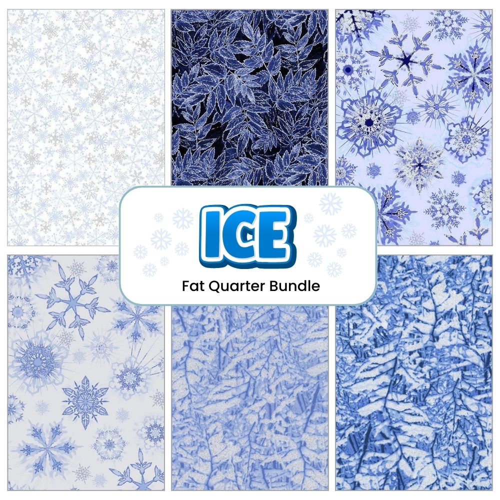 A collage of six icy blue and white Quilted Joy fabric patterns with snowflakes and frosty leaves surrounds a central label reading Ice Fat Quarter Bundle.