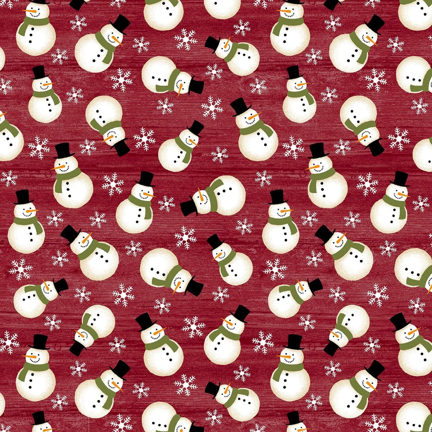 Featuring rows of smiling snowmen with black hats and green scarves, plus white snowflakes on a red background, Crossroads Snowman Red Flannel Fabric Yardage is perfect for festive and cozy fabric projects.