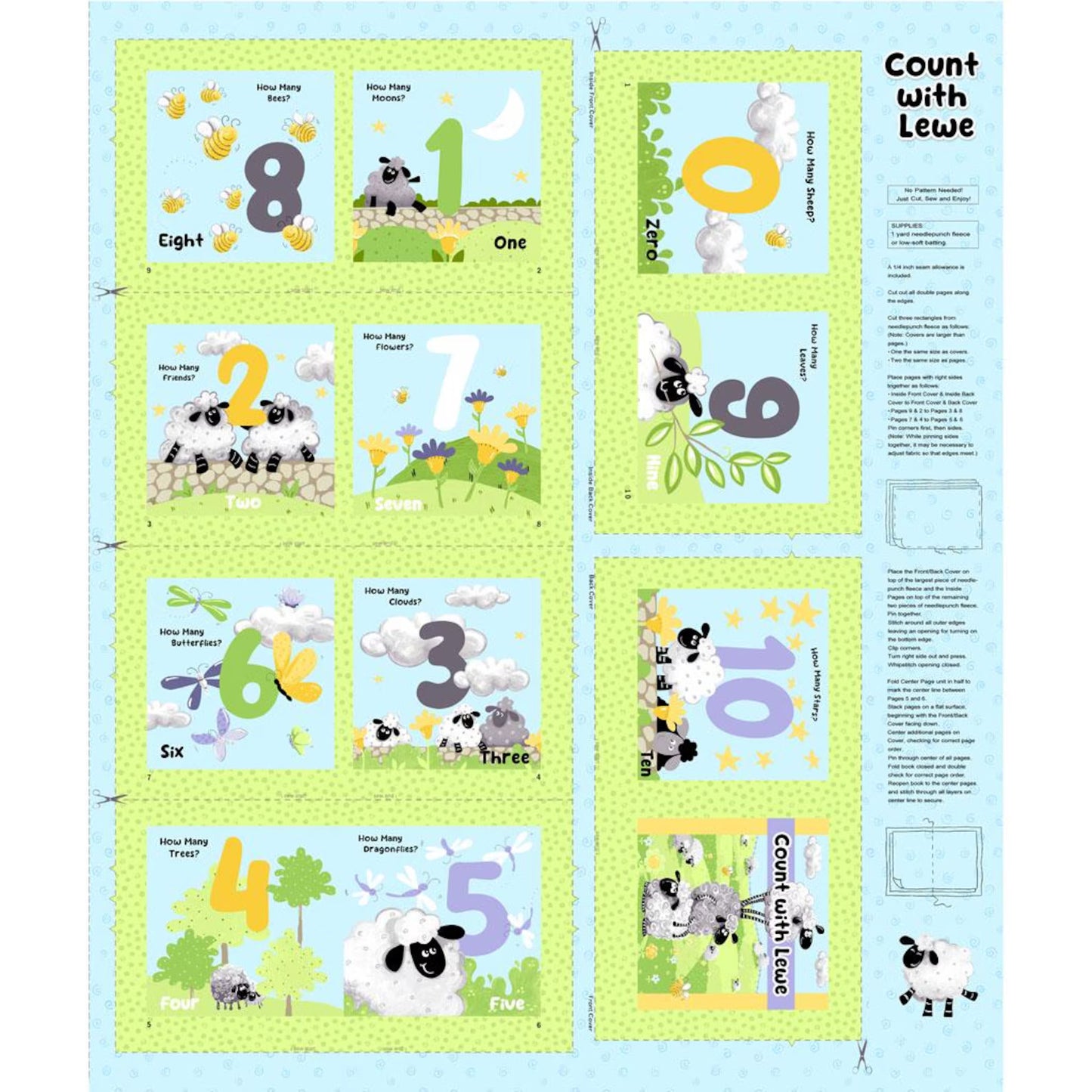 Lewe the Ewe Light Blue Count with Lewe Book Panel - image 1 - quilt fabric panel for quilting projects
