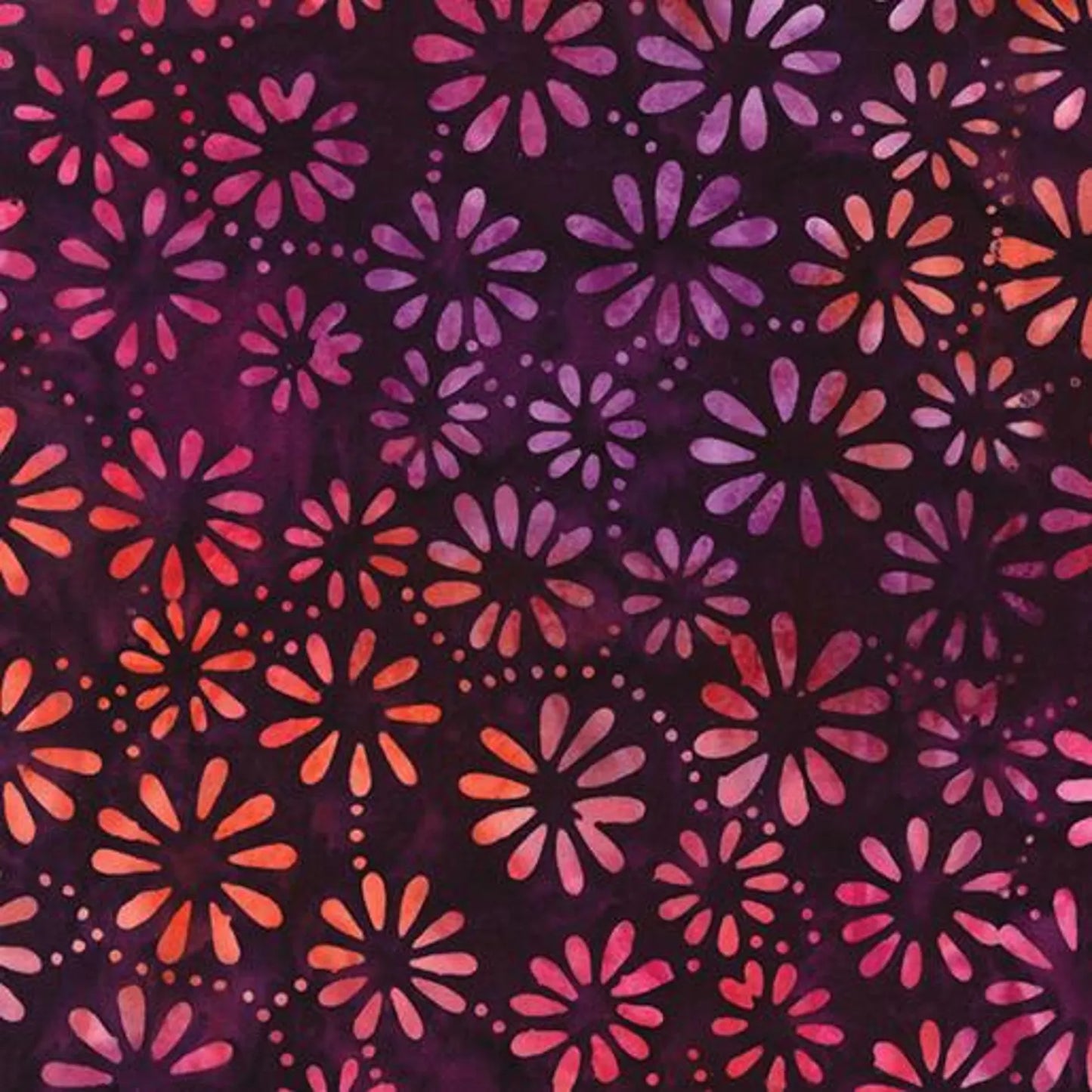 A pattern of orange, pink, and purple floral shapes with radiating petals on a dark maroon background. The Daisy Dark Plum Fabric Yardage features vibrant, evenly scattered flowers in varying sizes for a lively look.
