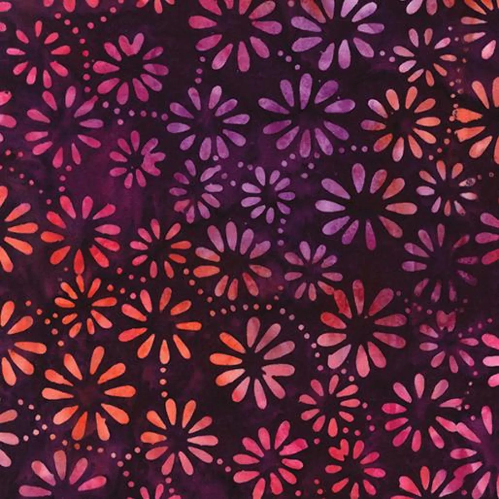 A pattern of orange, pink, and purple floral shapes with radiating petals on a dark maroon background. The Daisy Dark Plum Fabric Yardage features vibrant, evenly scattered flowers in varying sizes for a lively look.