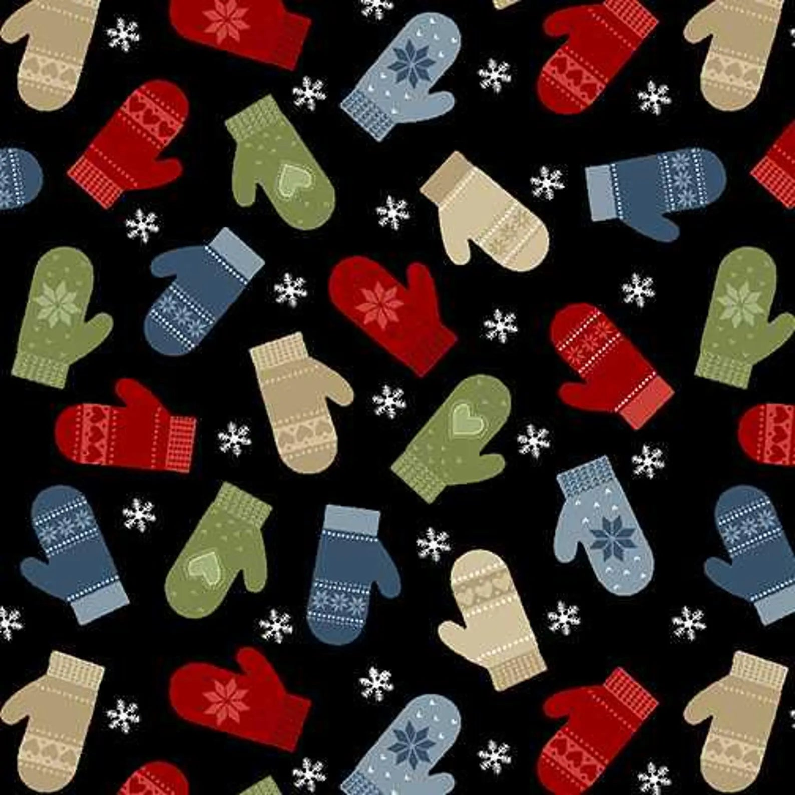 A seamless pattern of colorful mittens in red, green, blue, and beige with various designs is scattered on the Merry Mittens Black Flannel Fabric Yardage, featuring small white snowflakes—perfect for festive winter projects.