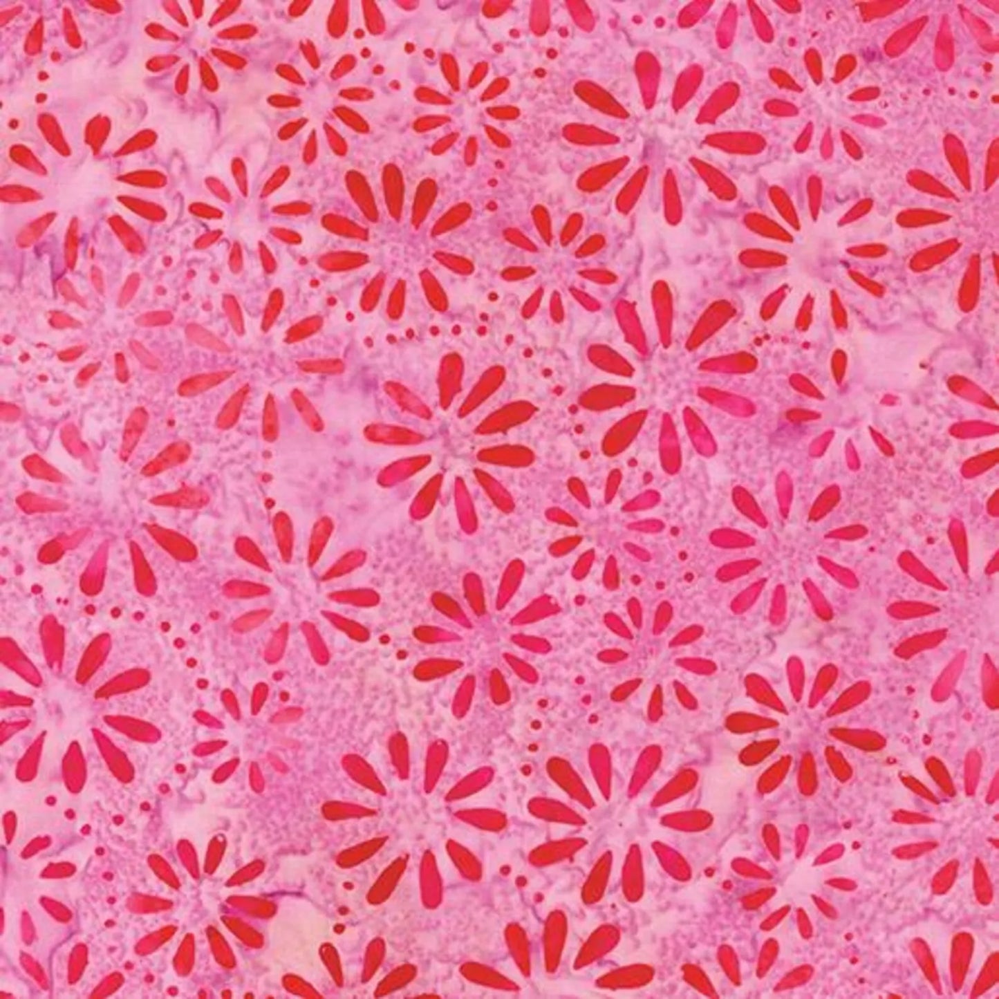 The Daisy Mauve/Berry Fabric Yardage features red and pink floral bursts in varying sizes on a pink textured background, creating a vibrant, lively mauve berry-inspired design.