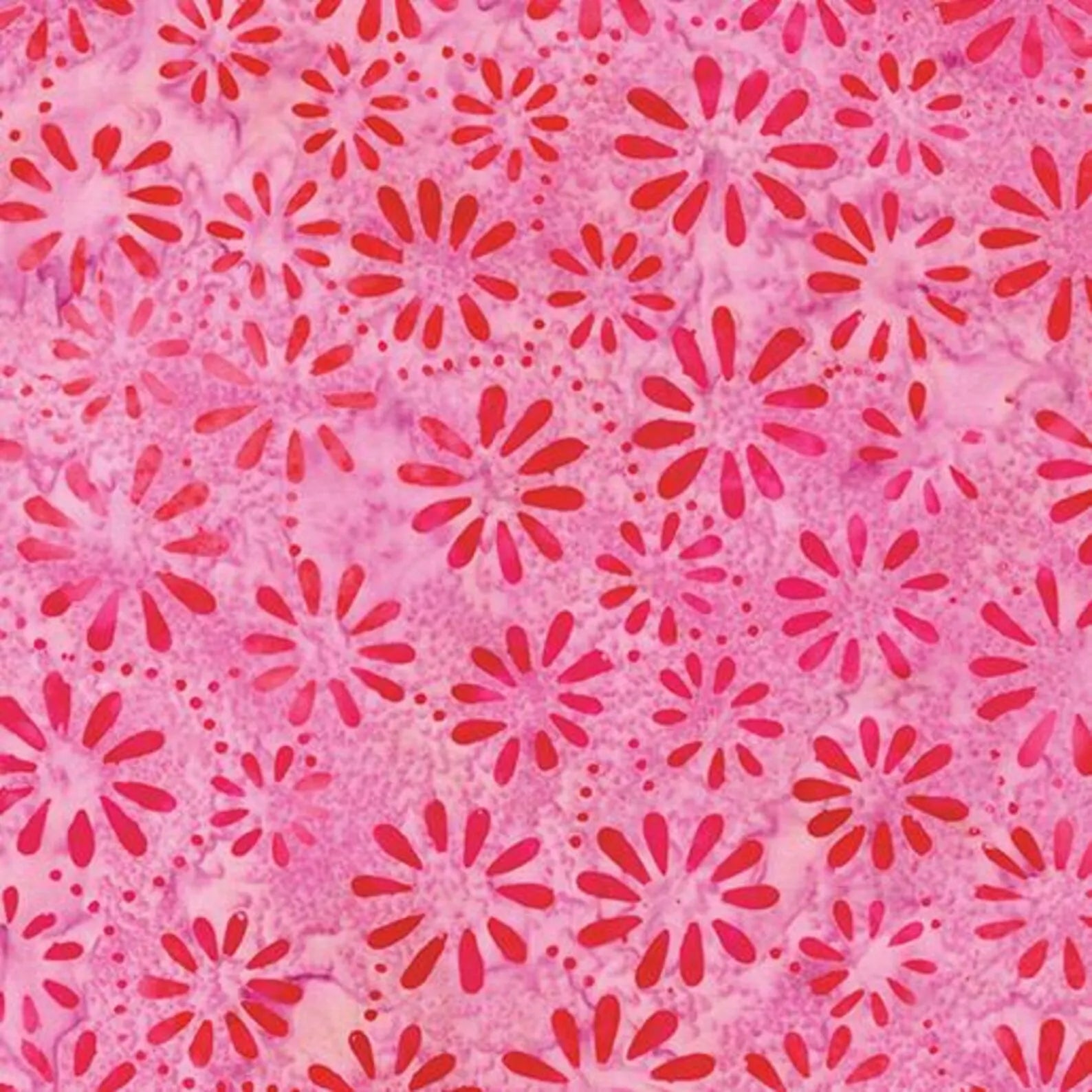 The Daisy Mauve/Berry Fabric Yardage features red and pink floral bursts in varying sizes on a pink textured background, creating a vibrant, lively mauve berry-inspired design.