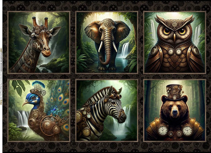 The Steampunk Menagerie Quilt Kit by Quilted Joy features six steampunk animals—giraffe, elephant, owl, peacock, zebra, and bear—adorned with gears and metal details set amid lush jungle scenes with waterfalls.
