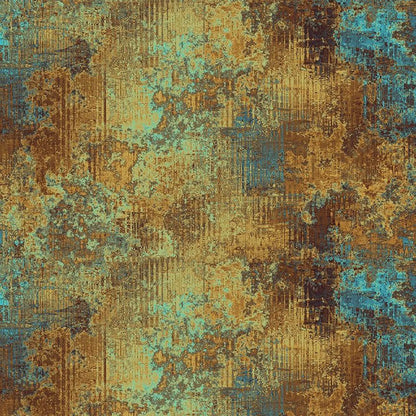 The Steampunk Menagerie Quilt Kit by Quilted Joy features a textured abstract background with distressed, rusty tones of brown, gold, blue, and teal—ideal for sparking creativity with its vintage lines and rugged look.