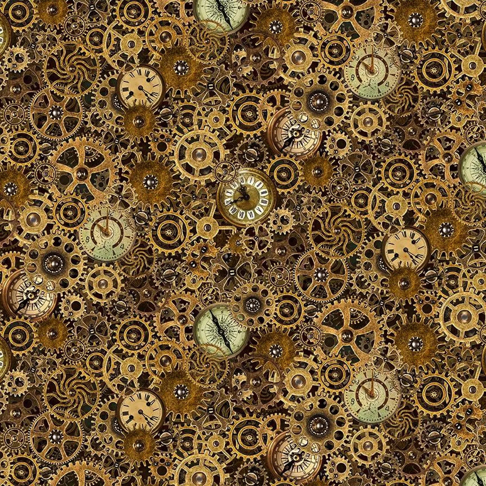 A dense pattern of brass and gold gears, cogs, and vintage clock faces interlock in the Steampunk Menagerie Quilt Kit by Quilted Joy—ideal for creating a unique steampunk-inspired quilt or creative quilting project.