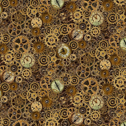 A dense pattern of brass and gold gears, cogs, and vintage clock faces interlock in the Steampunk Menagerie Quilt Kit by Quilted Joy—ideal for creating a unique steampunk-inspired quilt or creative quilting project.