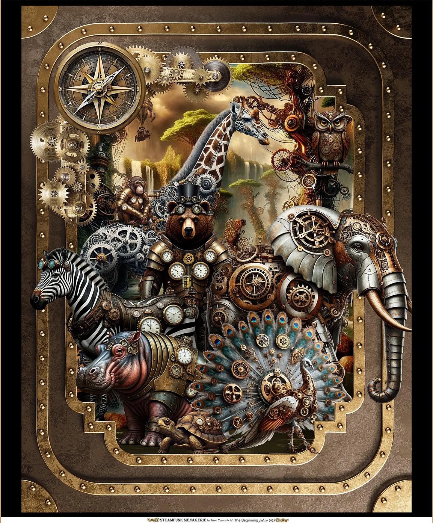 The Steampunk Menagerie Quilt Kit by Quilted Joy features detailed steampunk illustrations of a giraffe, elephant, zebra, hippo, owl, and peacock with gears and clocks against a scenic backdrop—perfect for creating a unique animal-themed quilt.