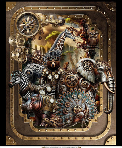 The Steampunk Menagerie Quilt Kit by Quilted Joy features detailed steampunk illustrations of a giraffe, elephant, zebra, hippo, owl, and peacock with gears and clocks against a scenic backdrop—perfect for creating a unique animal-themed quilt.