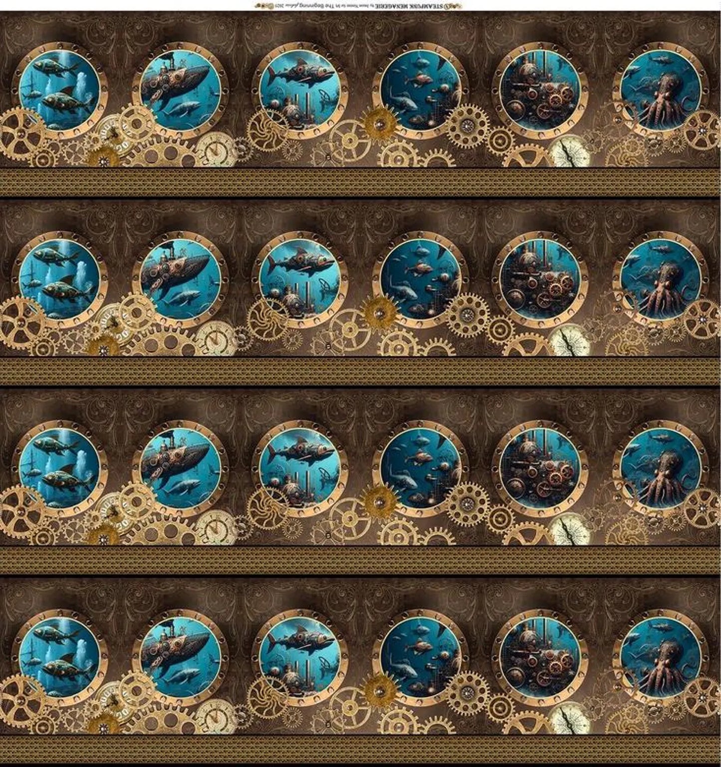 The Steampunk Menagerie Quilt Kit by Quilted Joy features a steampunk pattern with repeating round frames, underwater scenes, fish, submarines, and accents of gears and clockwork on a brown textured background.