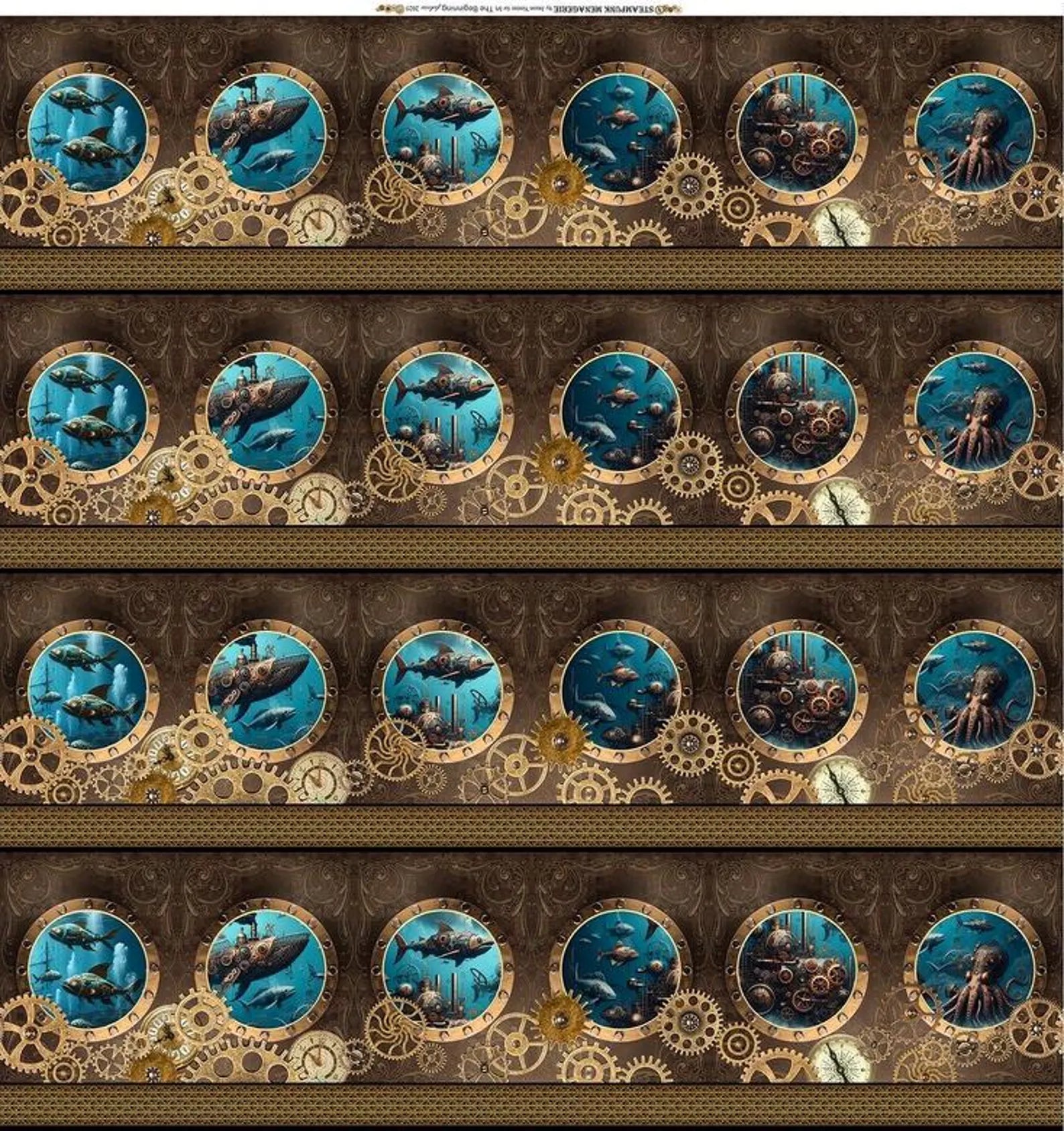 The Steampunk Menagerie Quilt Kit by Quilted Joy features a steampunk pattern with repeating round frames, underwater scenes, fish, submarines, and accents of gears and clockwork on a brown textured background.