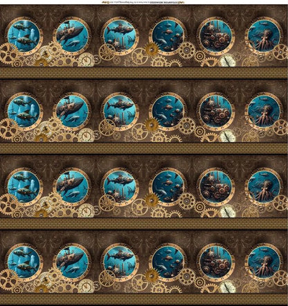 The Steampunk Menagerie Quilt Kit by Quilted Joy features a steampunk pattern with repeating round frames, underwater scenes, fish, submarines, and accents of gears and clockwork on a brown textured background.