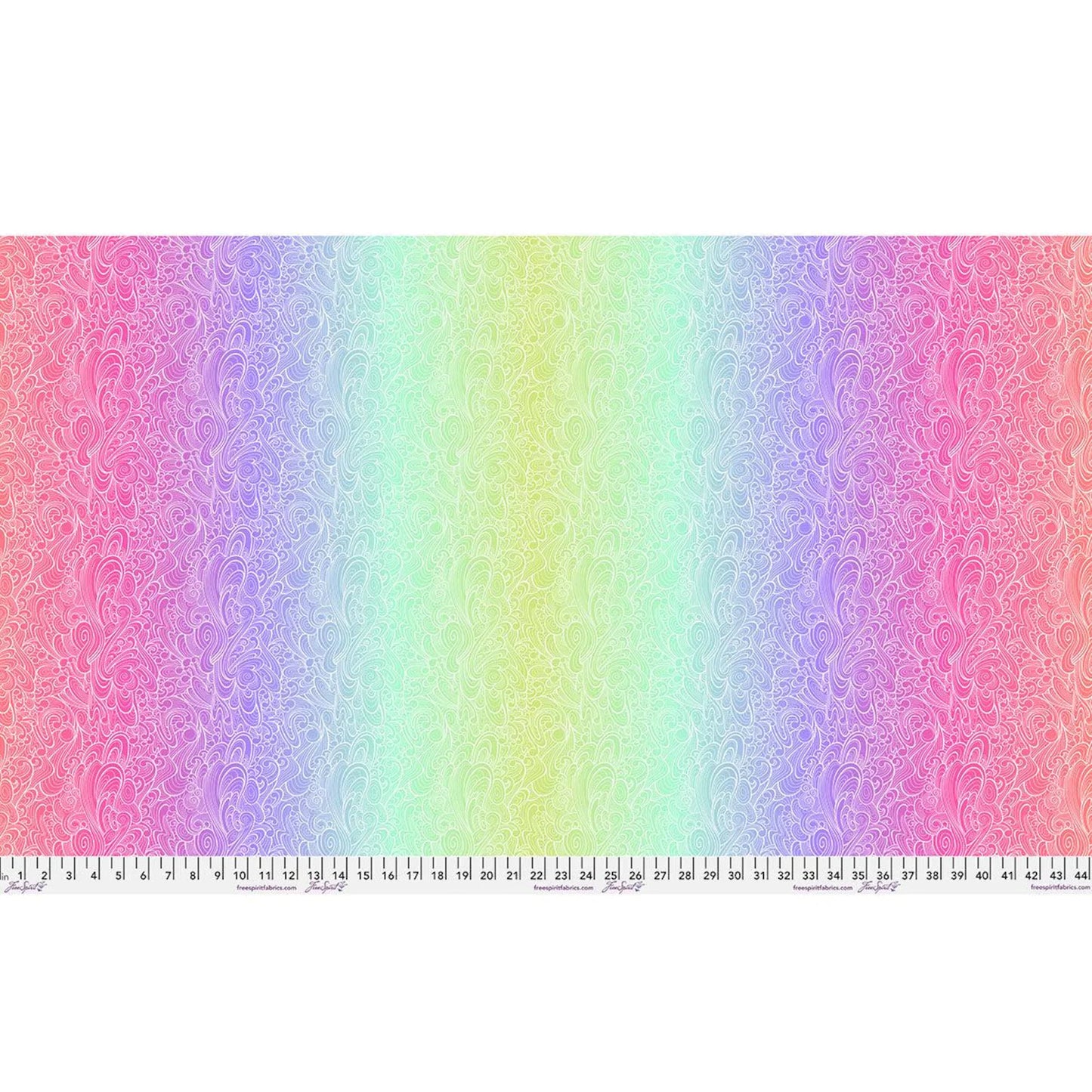 A pastel rainbow gradient with intricate white floral swirls, inspired by Jaftex - FreeSpirit's Floral Reef Deep Dive Riptide Fabric Yardage, features a ruler in inches and centimeters—ideal for quilting cotton projects.